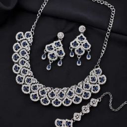 VOJ Blue AD-Studded Elegant Necklace, Earring & Maangtikka Set-image-45