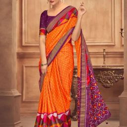 Satrani Orange Silk Printed Saree With Unstitched Blouse-picture-3