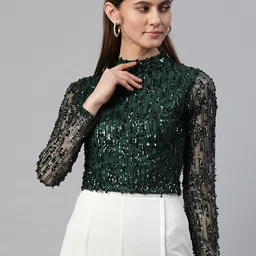 plusS Teal-Green Embellished Mandarin Collar Top-53