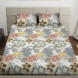 Arrabi Cream & Brown Floral Printed Fitted 310 TC King Bedsheet Set 2.70 m x 2.60 m-image-88