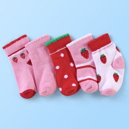 Cute Walk By Babyhug Anti Bacterial Non Terry Ankle Length Strawberry Print Socks Pack Of 5 - Pink & Red-image-45