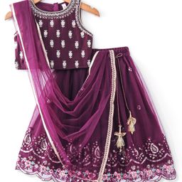 Babyhug Sleeveless Sequined Floral Embroidered Choli Lehenga and Dupatta Set - Wine-image-49