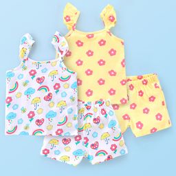 Babyhug Cotton Knit Sleeveless Night Suit Raining Cloud & Floral Print Pack of 2 - Yellow & White-image-74