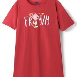 Pine Kids 100% Cotton Knit Half Sleeves Nighty With Flower Print - Red-image-33