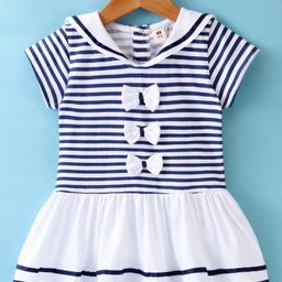 ToffyHouse Cotton Knit Sailor Collar Frock with Stripes Print & Bow Appliques - Navy Blue-image-41