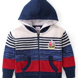 Babyhug Knitted Full Sleeves Hooded Sweater Stripes & Boat Patch - Red Blue & White-image-52
