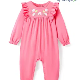 Babyoye Cotton Knit Full SleevesRompers with Frill Detailing & Floral Embroidery - Pink-picture-29