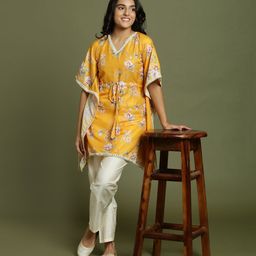 Vastramay Muslin Kimono Sleeves Floral Printed Kaftan And Pant Set - Yellow-image-1