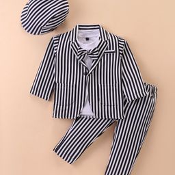 Robo Fry Lycra Knit T-Shirt Trouser Set with Full Sleeves Striped Blazer Attached Bow & Hat - Black & White-image-89