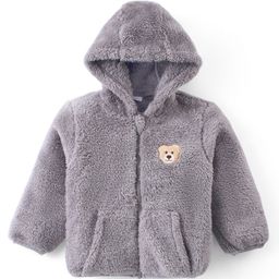 Babyhug Woven Full Sleeves Front Open Hooded Fur Jacket With Bear Embroidery Detailing - Grey-image-76