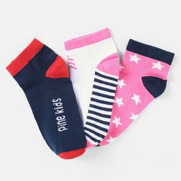 Pine Kids Cotton Nylon Ankle Length Socks Brand Text Stripes & Stars Design Pack of 3 - Red Black & White-image-128
