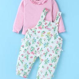 WOW Interlock Knit Full Sleeves Solid Color Frill Detailed T-Shirt with Floral Printed Dungaree - Pink-image-24