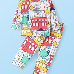 Babyhug Cotton Knit Full Sleeves Night Suit With Vehicles Print - Off White-image-50