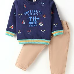 ToffyHouse Fleece Knit Full Sleeves Winter Wear T-Shirt & Lounge Pant Set with Nautical Theme Print - Navy Blue-image-8