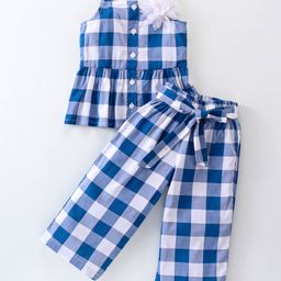 CrayonFlakes Rayon Sleeveless Floral Applique Detail Checked Coordinating Top With Palazzo Set - Blue-image-71