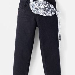 Little Kangaroos Denim Woven Full Length Solid Colored Jeans With Waist Bag - Black-image-96