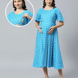 Dummy Shape Half Bell Sleeves Ethnic Motif Printed Flared Maternity Kurta With Concealed Zipper Nursing Access - Sky Blue-image-9