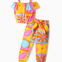 Ollington St.100% Cotton Floral Printed Co-ord Set Off-Shoulder Top & Joggers - Yellow & Pink-image-38