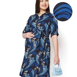 Bella Mama Women WovenThree Fourth Sleeves Shirt Maternity DressWith Floral Print - Blue-picture-27