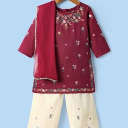 Babyoye 100% Cotton Woven Full Sleeves Kurti Salwar Set With Floral Embroidery & Dupatta - Wine & White-image-73