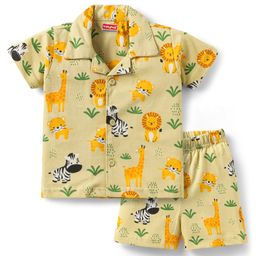 Babyhug Single Jersey Knit Half Sleeves Night Suit With Wild Animal Print - Cream-image-85