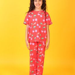Anthrilo Cotton knit Half Sleeves Heart Shaped Cherry Printed Coordinating Night Suit Set - Red-image-55