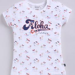 Biskid Cotton Half Sleeves Aloha Text Printed Top - White-image-47