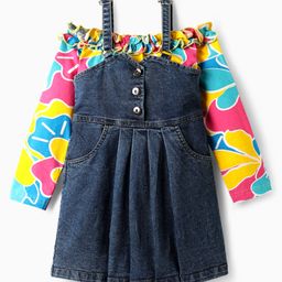 Ollington St. Cotton Full Sleeves Floral Printed Inner Top & Denim Pinafore - Blue-image-66