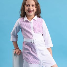 Hola Bonita Woven Full Sleeve Striped Collared Shirt Dress with Belt - Pink-image-74