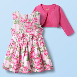 Babyhug Cotton Knit Frock & Full Sleeves Shrug With Floral Print & Bow Applique - Light Pink-image-59