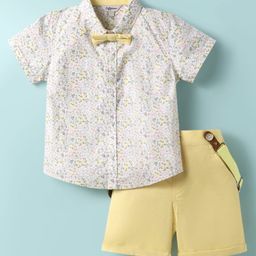 ToffyHouse Poplin Woven Half Sleeves Floral Printed Shirt & Shorts With Bow & Suspender - Yellow-picture-35