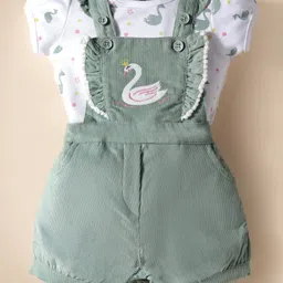 ToffyHouse Corduroy Woven Half Puffed Sleeves Inner Tee with Dungaree Set with Swan Print & Frill Detailing - Sea Green-picture-42