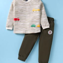 Mini Taurus Sinker Knit Full Sleeves Night Suit With Stripes & Vehicle Print - White & Olive Green-image-73