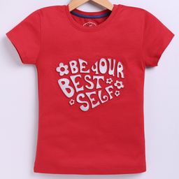 Parrot Crow Cotton Knit Short Sleeves Be Your Best Self Text Puff Printed Tee - Red-24