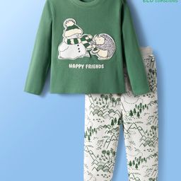 Babyoye 100% Cotton Knit Full Sleeves T-Shirt & Joggers Set With Hedge Hog Patch Print - Mint & White-picture-3