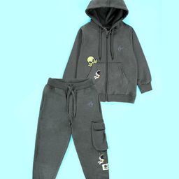 Kiddopanti Fleece Knit Full Sleeves Space Theme Hooded Front Zipper Sweatshirt With Cargo Track Pants Set - Military Green-image-48