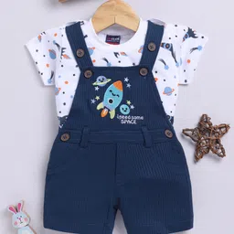Jb Club Cotton Knit Half Sleeves Space Theme Embroidered Dungaree & Half Sleeves Tee Set - Navy Blue-picture-2