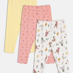 MINI KLUB Cotton Knit Pack Of 3 Baby Animals & Leaves Printed Leggings - White & Pink-picture-21
