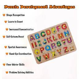 MINDMAKER Wooden Puzzle with Knobs Educational and Learning Toy for Kids Alphabets Numbers Shapes Fruits Vegetables Animals - 8 pieces image 2