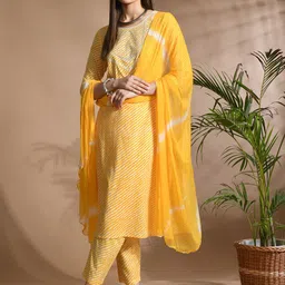 KALINI Leheriya Printed Thread Work Pure Cotton Straight Kurta with Trouser & Dupatta-picture-0