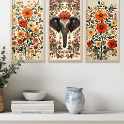Kotart Cream-Coloured & Orange 3 Pieces Floral & Botanical Wooden Wall Paintings-24