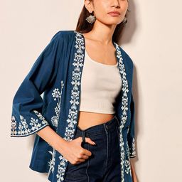 Global Desi Women Floral Cotton Longline Open Front Jacket with Embroidered-12