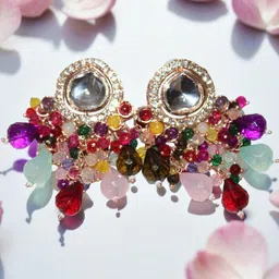 Jolly Faces Artificial Stones Studded And Beaded Circular Shaped Drop Earrings-image-47