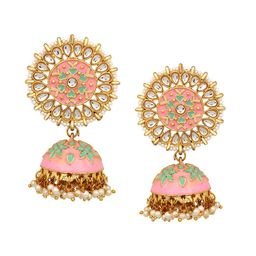 Stefan Gold-Plated Stone Studded & Beaded Dome Shaped Meenakari Jhumkas image 1