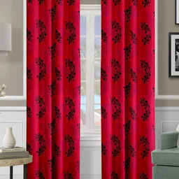 Cortina Red & Black 2 Pieces Floral Printed Black Out Window Curtains-14