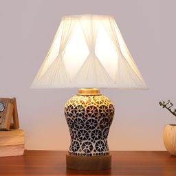 Devansh White Printed Wooden Frustum Shaped Table Lamp With Mosaic Glass Base image 5