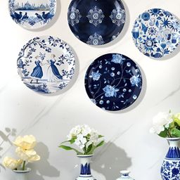 Homscape Set Of 5 White & Blue Printed Ceramic Wall Plates-32