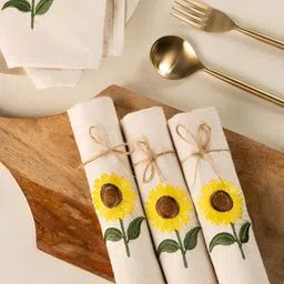 Glimpse Homes 4-Pcs Beige & Yellow Embroidered Cotton Table Napkins-53