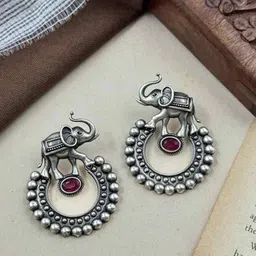 NAMAN ARTS Silver-Plated Artificial Stones Studded Oxidised Contemporary Drop Earrings-4
