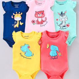 Babyoye Short Sleeves Onesie Animal Print Pack of 5 - Pink-image-3